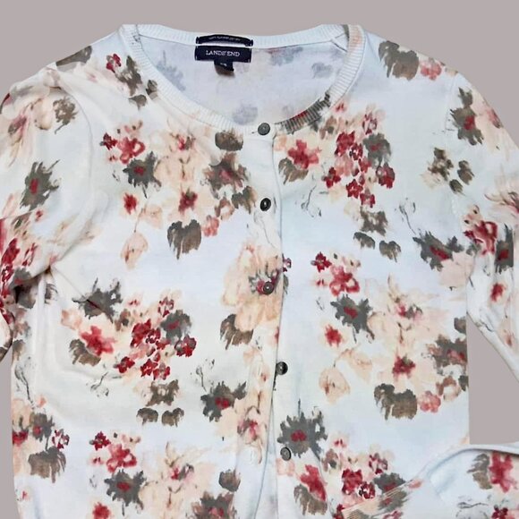 Lands’ End 100% Supima Floral Button-Front Women's Cardigan Sweater | Size XS - Picture 1 of 6